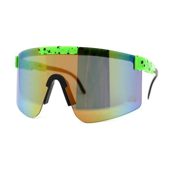 80s Pop Paint Splatter Rimless Half Rim Oversize Sport Plastic Sunglasses Green Orange Mirror