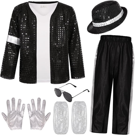 80s Retro Disco Costume 5-Piece Set, Black Sequin Open Front Jacket, Pants, Hat, Gloves for Halloween Dance Party
