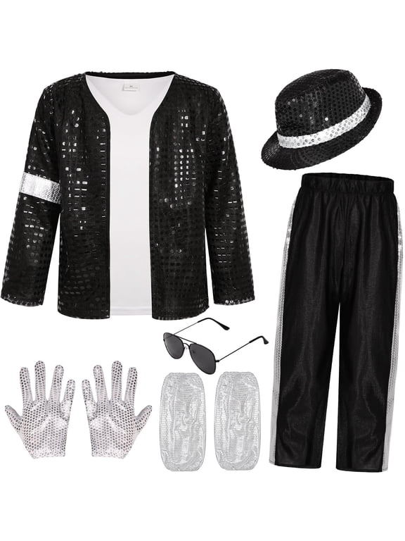 80s Retro Disco Costume 5-Piece Set, Black Sequin Open Front Jacket, Pants, Hat, Gloves for Halloween Dance Party