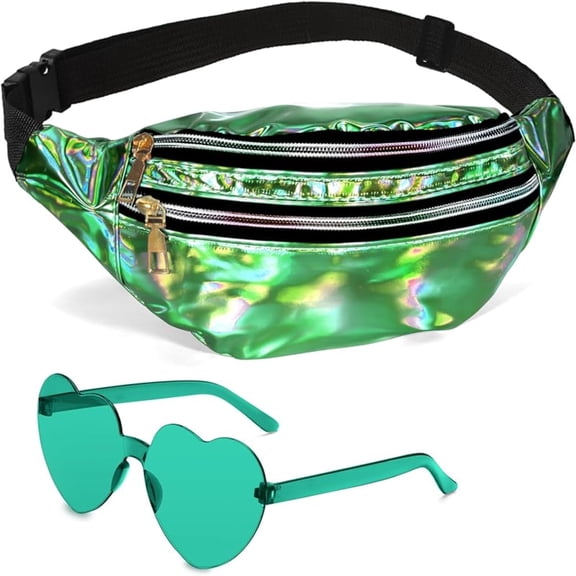 80s Retro Holographic Fanny Pack Set with Heart Sunglasses, Waterproof Crossbody Bag and Matching Accessory for Festival Rave Party
