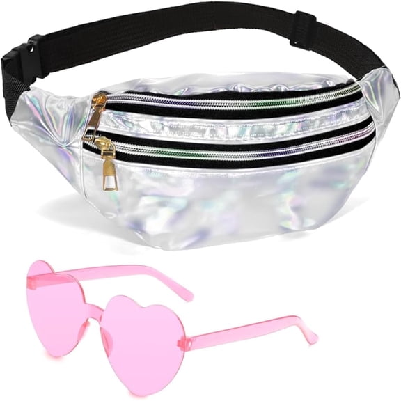 80s Retro Holographic Fanny Pack Set with Heart Sunglasses, Waterproof Crossbody Bag and Matching Accessory for Festival Rave Party