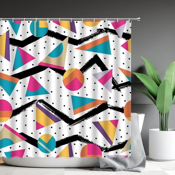 80s Retro Memphis Shower Curtain - 72"x72" Geometric Abstract Design Polka Dot Half Moon Triangle Artwork Trendy Polyester Bath Decor with Hooks