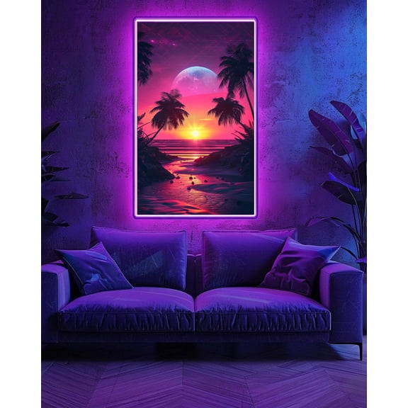 80s Retro Palm Trees Gloss Print, Neon Sunset Outrun Wall Art, Synthwave Vaporwave Poster, Miami Purple Sky Decor , Poster Print Only