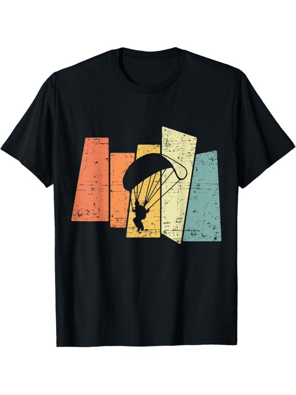 80s Retro Paragliding Silhouette Skydiving Paraglider T-Shirt men and women can wear, black, white, gifts