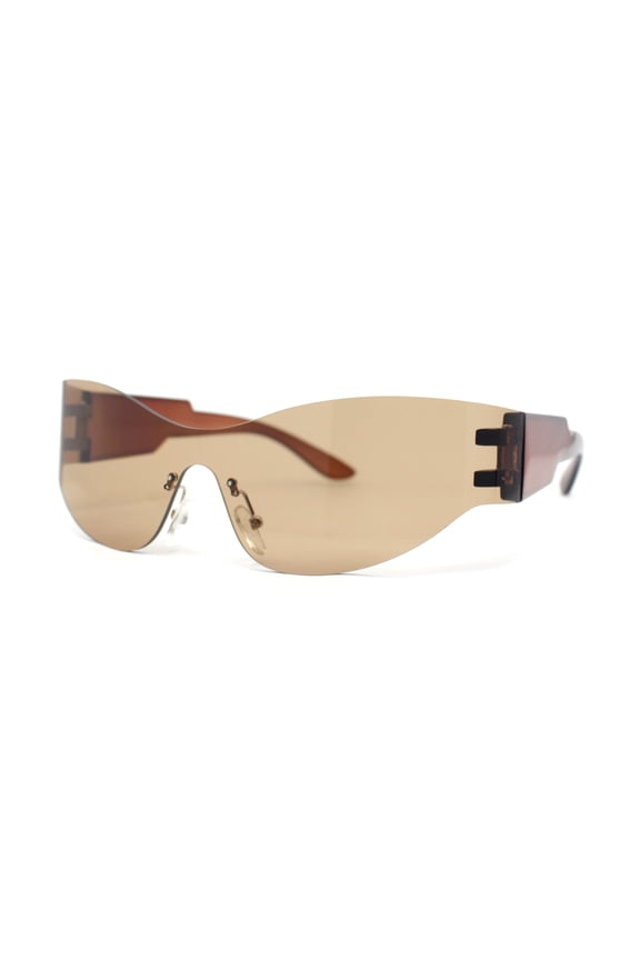 80s Robotic Rectangular Rimless Shield Sport Plastic Sunglasses All Brown