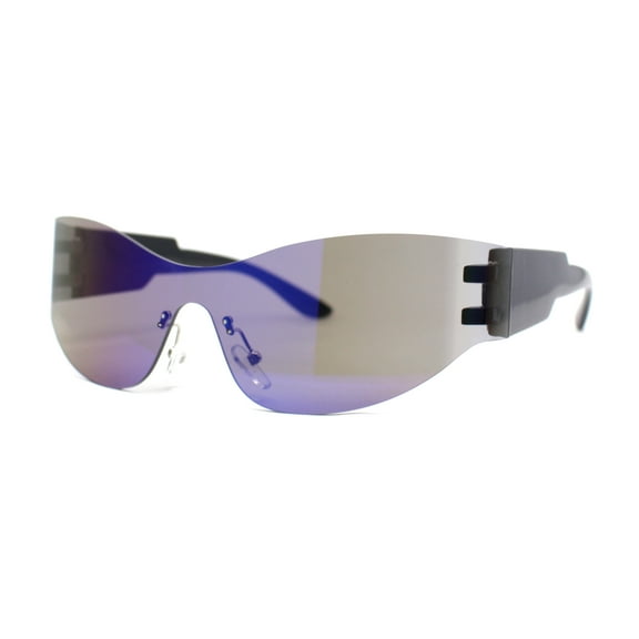 80s Robotic Rectangular Rimless Shield Sport Plastic Sunglasses Black - Blue Mirror