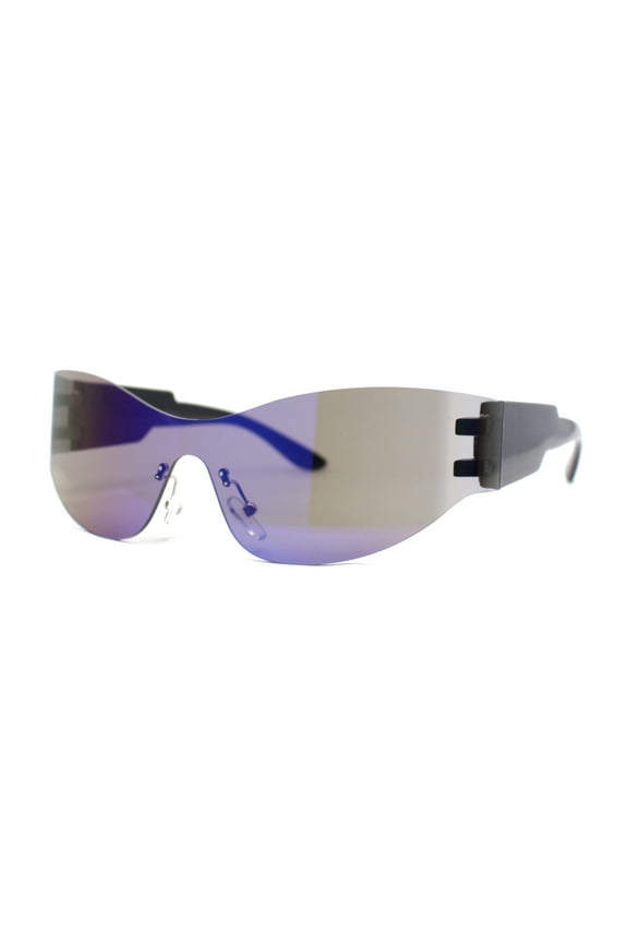 80s Robotic Rectangular Rimless Shield Sport Plastic Sunglasses Black - Blue Mirror