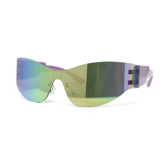 80s Robotic Rectangular Rimless Shield Sport Plastic Sunglasses Purple - Yellow Mirror