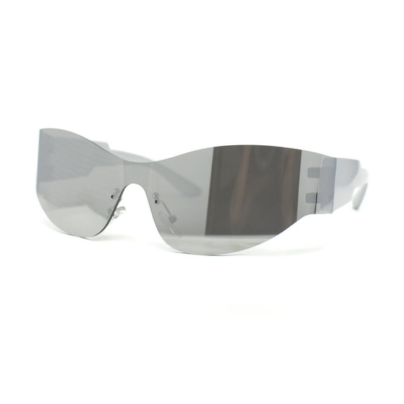 80s Robotic Rectangular Rimless Shield Sport Plastic Sunglasses Silver Mirror