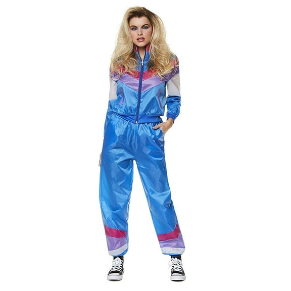 80s Shell Suit, 1980s Women's Neon Retro Vintage Windbreaker Tracksuit for Halloween, Blue, Small, Size S