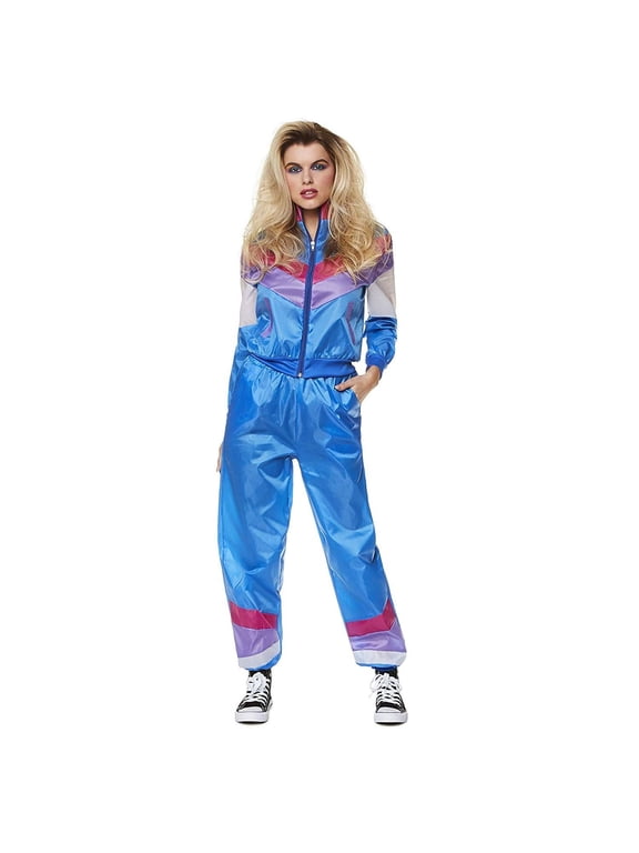 80s Shell Suit, 1980s Women's Neon Retro Vintage Windbreaker Tracksuit for Halloween, Blue, Small, Size S