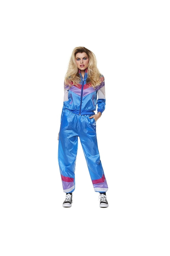 80s Shell Suit, 1980s Women's Neon Retro Vintage Windbreaker Tracksuit for Halloween, Blue, Small, Size S