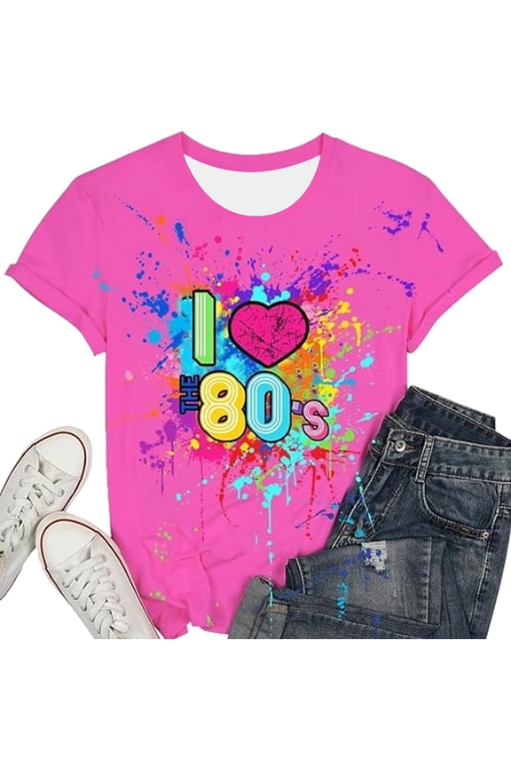 80s Shirts for Women I Love The 80S Tshirts for Girls 80s Themed Short Sleeve Tops (Hot Pink XXL)