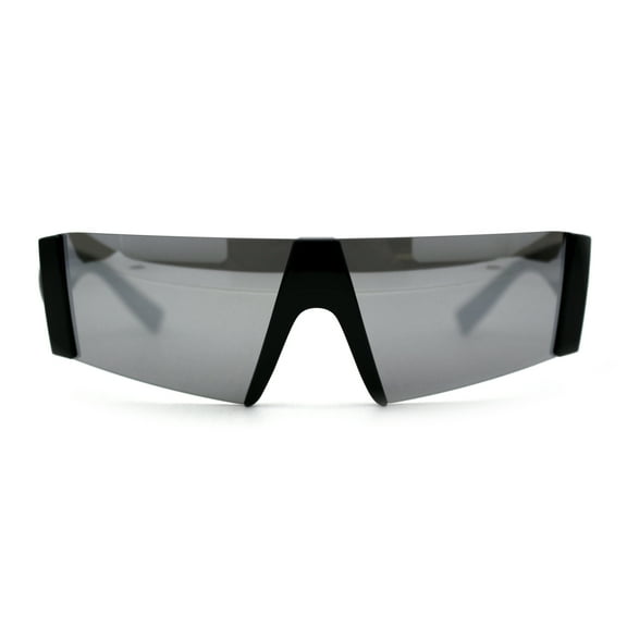 80s Sporty Block Lens Rimless Retro Sunglasses Black Silver Mirror