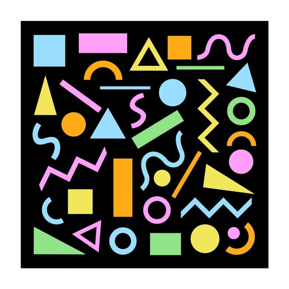 80s Style Abstract Color Shapes on Black - Digital Art Geometric Modern Art Abstract Pop Art Pattern Retro Unframed Wall Art Print 12 x 12 inches