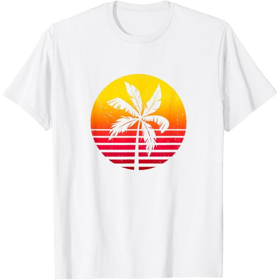 80s Sunset Vintage & Retro Palm Tree / Orange Gradient T-ShirtMen and women, White T-shirt, size: Extra large