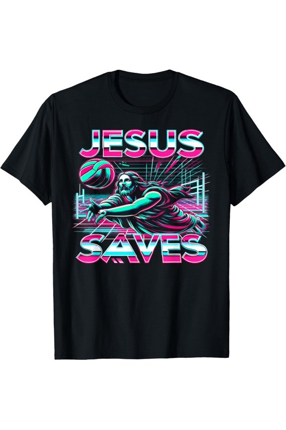 80s Vaporwave Jesus Saves Volleyball T-Shirt