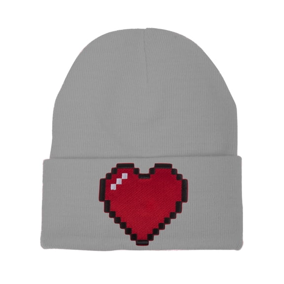 80s Video Game Pixelated Heart Patch Cuffed Beanie - Grey