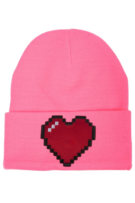 80s Video Game Pixelated Heart Patch Cuffed Beanie - Pink