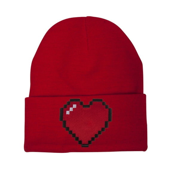80s Video Game Pixelated Heart Patch Cuffed Beanie - Red