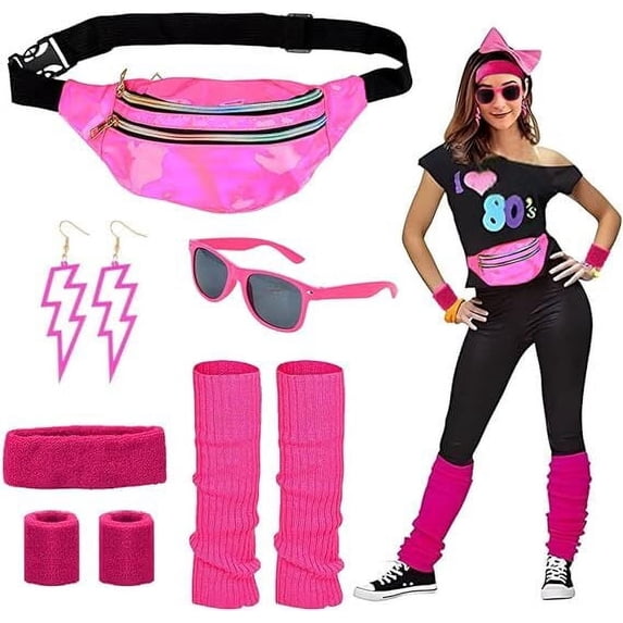 80s accessories outfit women, 80s clothing women's set with bum bag, headband, leg warmers, bracelets, glasses and earrings for carnival neon 80s party outfit women