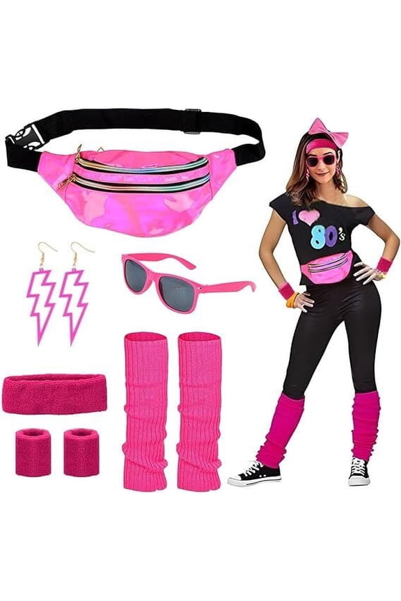 80s accessories outfit women, 80s clothing women's set with bum bag, headband, leg warmers, bracelets, glasses and earrings for carnival neon 80s party outfit women