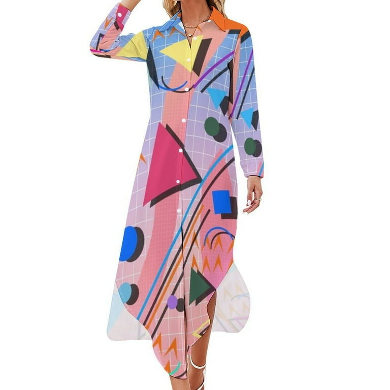 80s pop retro pattern 2 Long Sleeved Shirt Dress wedding guest dress dresses for official occasions