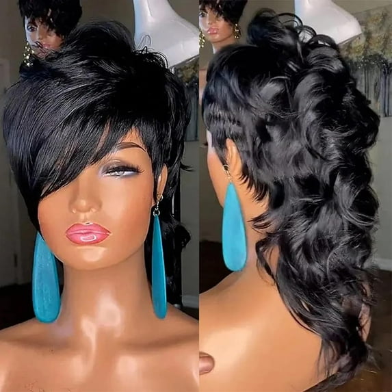 80s90s Mullet Wig Human Hair Wigs10A Pixie Cut Wig for Black Women Mullet 12inch Pixie Cut Wig for Women Pixie Curly Hair Wigs Glueless Full Machine Made Wig (Black Curly)