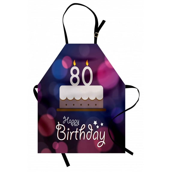 80th Birthday Apron Abstract Style Backdrop with Birthday Party Cake and Candles Print, Unisex Kitchen Bib Apron with Adjustable Neck for Cooking Baking Gardening, Purple Pink and Lilac, by Ambesonne