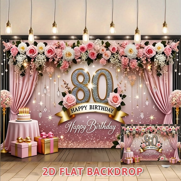 80th Birthday Backdrop Pink Floral Themed Decorative Banner Suitable For Adult 80th Birthday Banquet Photo Scenes Birthday Party Venue Decoration Hanging Cloth