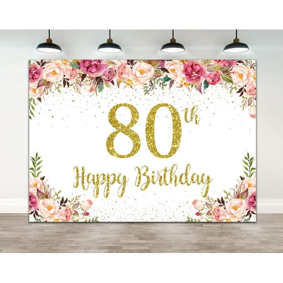 80th Birthday Backdrop for Women Pink Flower Golden Dots Photography Background Floral Adults Party Decoration Banner Photo Booth Studio Props Supplies Cake Table Banner
