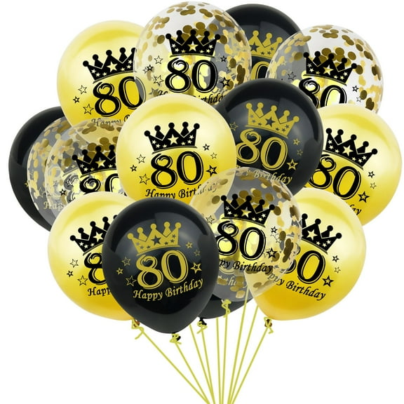 Marakabeis 80th Birthday Black Gold Confetti Latex Balloons, 15 Pcs, 12 Inch Party Decorations