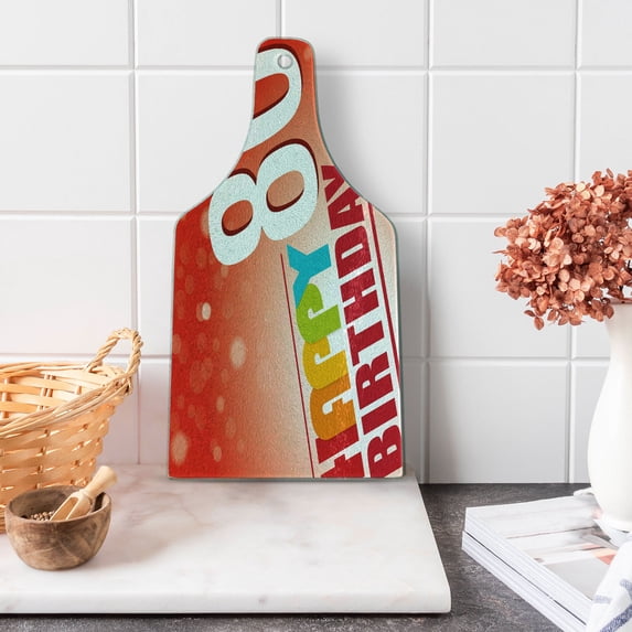 80th Birthday Cutting Board, 80 Wise Age Colorful Birthday Party with Abstract Background, Tempered Glass Cutting and Serving Board, Wine Bottle Shape, Red Vermilion and White, by Ambesonne
