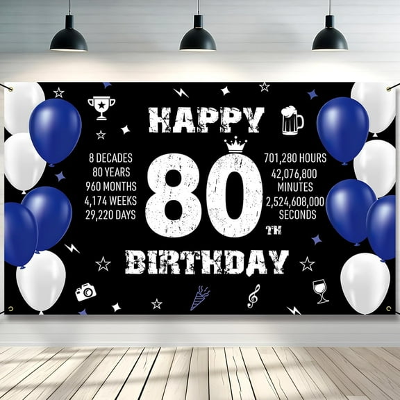 80th Birthday Decoration for Men Women, Happy 80th Birthday Banner Blue, 80 Year Old Birthday Party Yard Sign Photo Booth Props Background Decor Supplies Outdoor Indoor