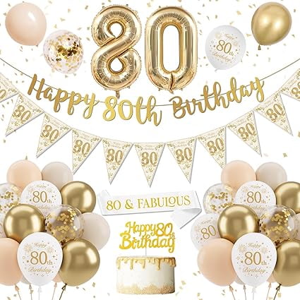 80th Birthday Decoration for Women - Gold Happy Birthday Banner, Sand White Balloons, Confetti Latex Balloons, Cake Topper for Party Decorations