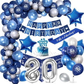 80th Birthday Decorations for Men, Royal Blue Balloon Arch Kit with Banner, Cake Topper, Tablecloth, Sash,Number 80 Foil Balloon, Chrome Blue and Silver Balloons