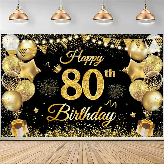 80th Birthday Decorations for Men Women, Happy 80th Birthday Banner decorations Cheers to 80 Years Birthday Party Suppiles Black Gold Backdrop for 80th Birthday party favors Decor