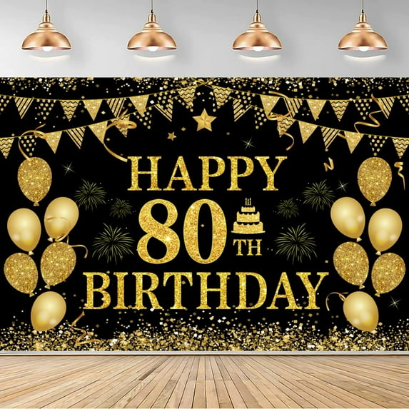 80th Birthday Decorations for Men Women - Happy 80th Birthday Banners Decorations Black Gold 80 Years Birthday Party Favor Backdrop for 80th Birthday Party Sign Decor 7X5FT