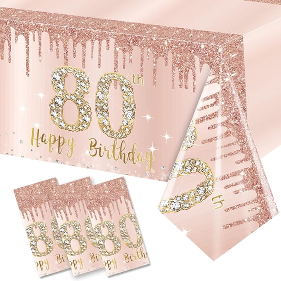 80th Birthday Decorations Tablecloth Set for Women | 3 Pack Happy 80th Birthday Eighty Years Old Plastic Disposable 54 x 108 inches Rectangular Table Cover Decor Party Supplies