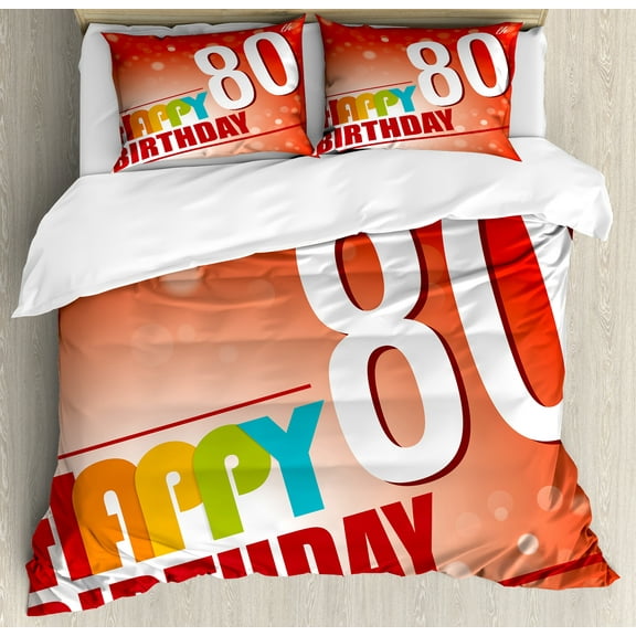 80th Birthday Duvet Cover Set, 80 Wise Age Colorful Birthday Party with Abstract Background, Decorative 3 Piece Bedding Set with 2 Pillow Shams, Queen Size, Red Vermilion and White, by Ambesonne