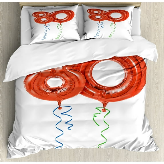 80th Birthday Duvet Cover Set, Birthday Grandparent Party Balloons with Curvy Swirls Print, Decorative 3 Piece Bedding Set with 2 Pillow Shams, Calking Size, Red Green and Blue, by Ambesonne