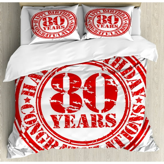 80th Birthday Duvet Cover Set, Happy Birthday Print Retro Grunge Stamp for 80 Years Old Image Print, Decorative 3 Piece Bedding Set with 2 Pillow Shams, Queen Size, White Red, by Ambesonne