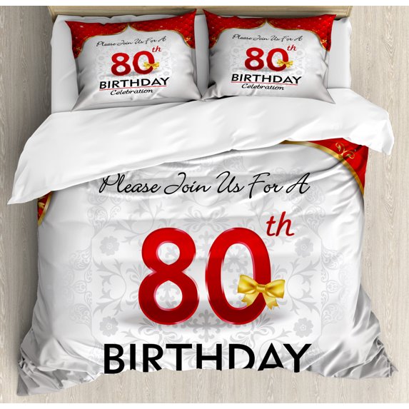 80th Birthday Duvet Cover Set King Size, Birthday Party Invitation with Abstract Floral Backdrop for Elderly People, Decorative 3 Piece Bedding Set with 2 Pillow Shams, Multicolor, by Ambesonne