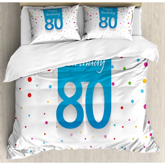 80th Birthday Duvet Cover Set Queen Size, Abstract Sky Blue Eighty Image on the Colorful Polka Dots Artistic Print, Decorative 3 Piece Bedding Set with 2 Pillow Shams, Multicolor, by Ambesonne