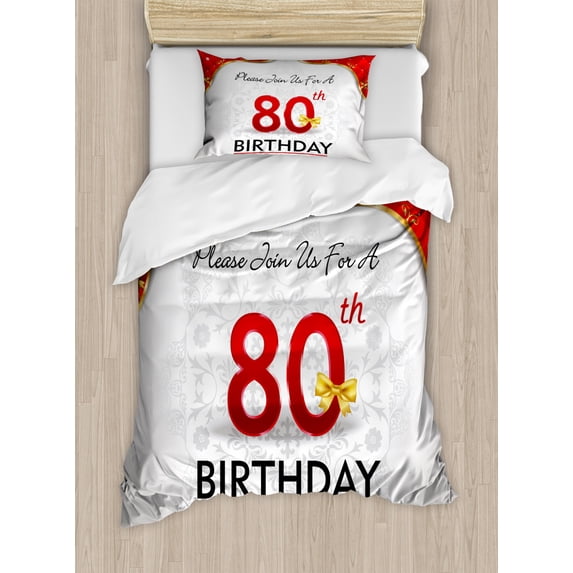 80th Birthday Duvet Cover Set Twin Size, Birthday Party Invitation with Abstract Floral Backdrop for Elderly People, Decorative 2 Piece Bedding Set with 1 Pillow Sham, Multicolor, by Ambesonne