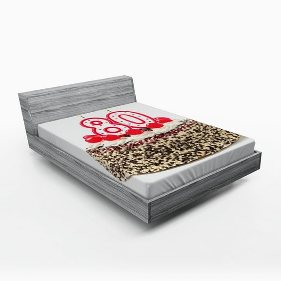 80th Birthday Fitted Sheet, Party Cake Tasty Cherries Sprinkles and Candles Image Typography, Soft Decorative Fabric Bedding, Queen Size, Multicolor, by Ambesonne