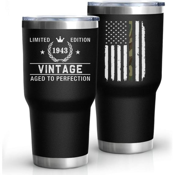 80th Birthday Gifts for Men Vintage 1943 Tumbler Coffee Mug 30 Oz Stainless Steel Insulated Cup with Lid and Straw Mens 80 Year Old Birthday Gifts Idea for Dad Grandpa