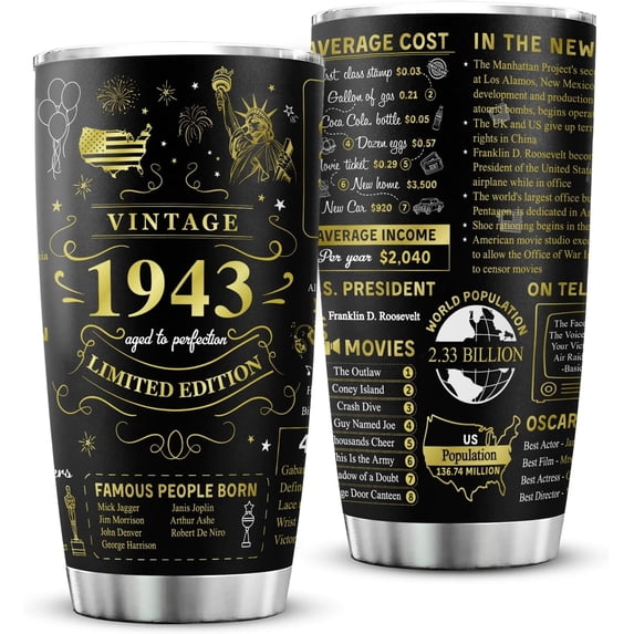 80th Birthday Gifts for Men Women Friends Vintage 1943 Tumblers 80 Year Old Birthday Supplies Vintage 1943 Back in 1943 Old Time Information Stainless Steel Vacuum Insulated Tumblers 20 oz
