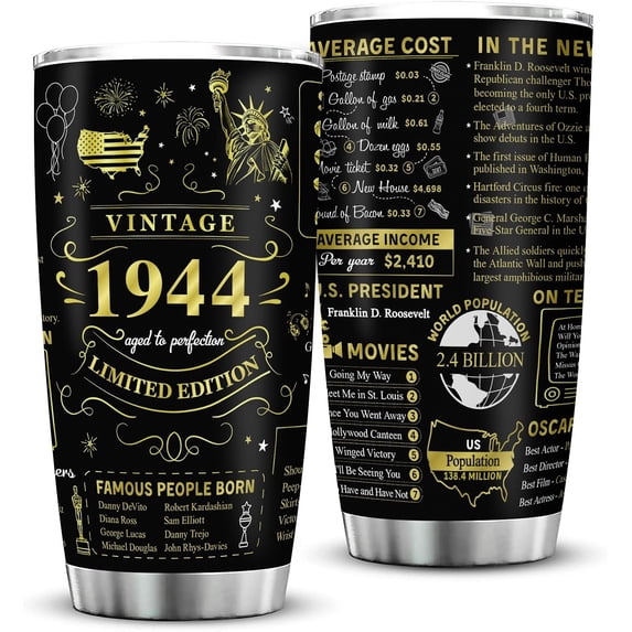 80th Birthday Gifts for Men Women Friends Vintage 1944 Tumblers 80 Year Old Birthday Supplies Back in 1944 Old Time Information Stainless Steel Vacuum Insulated Tumblers 20 oz
