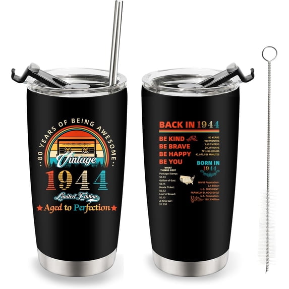 80th Birthday Gifts for Women - 1944 Tumbler Cup for Men 20 oz Double-sided Cup Vintage Eighty Birthday Present - Husband Wife Grandma Grandpa Mother''s Day Father''s Day Gift (1944 80th)